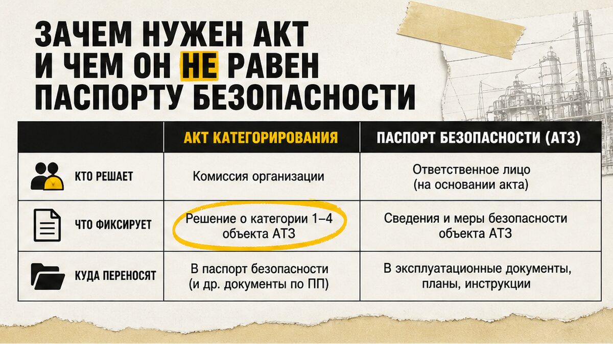 Сравнение: акт категорирования объекта АТЗ и паспорт безопасности — разные документы