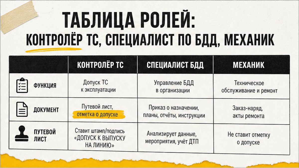 Таблица ролей: контролёр ТС, специалист по БДД и механик — зоны ответственности