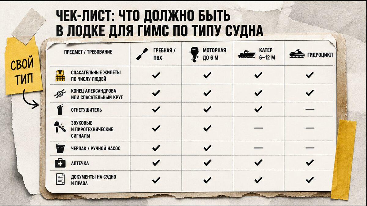 Чек-лист оснащения лодки для ГИМС по типу судна