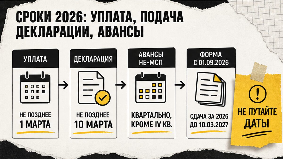 Схема сроков 2026: уплата 1 марта, декларация 10 марта, авансы