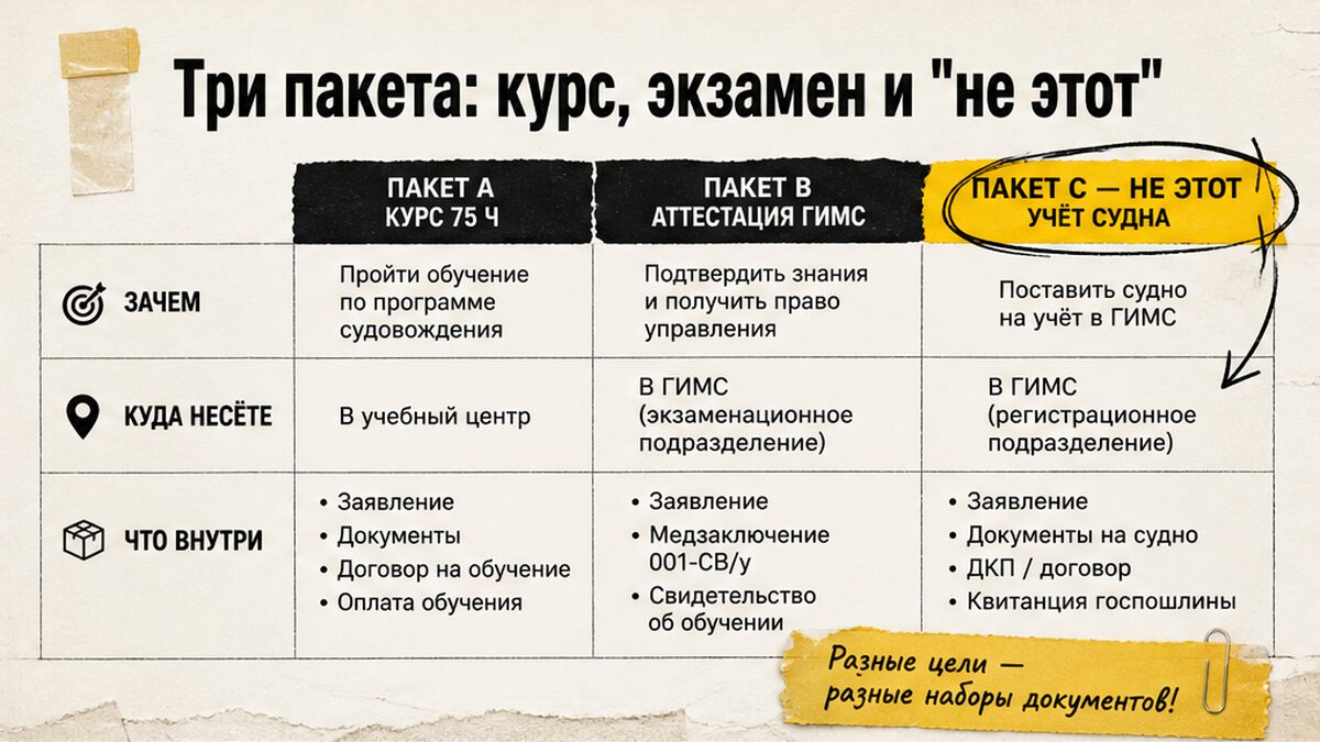 Таблица трёх пакетов документов: курс 75 часов, экзамен ГИМС и регистрация судна