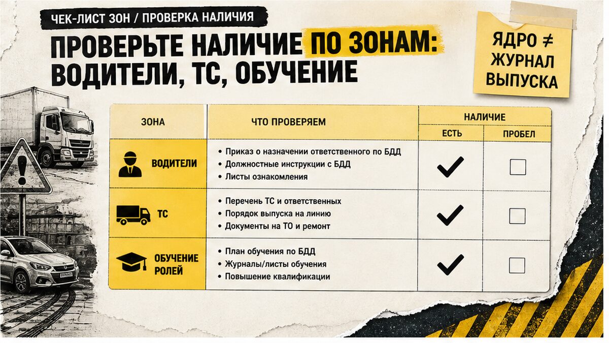 Чеклист наличия документов по зонам: водители, транспорт, обучение