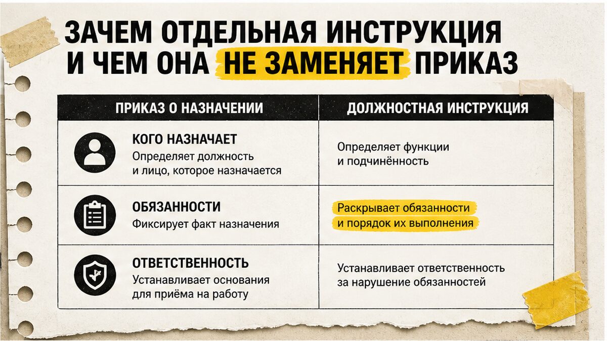 Таблица: чем приказ о назначении контролёра ТС отличается от должностной инструкции