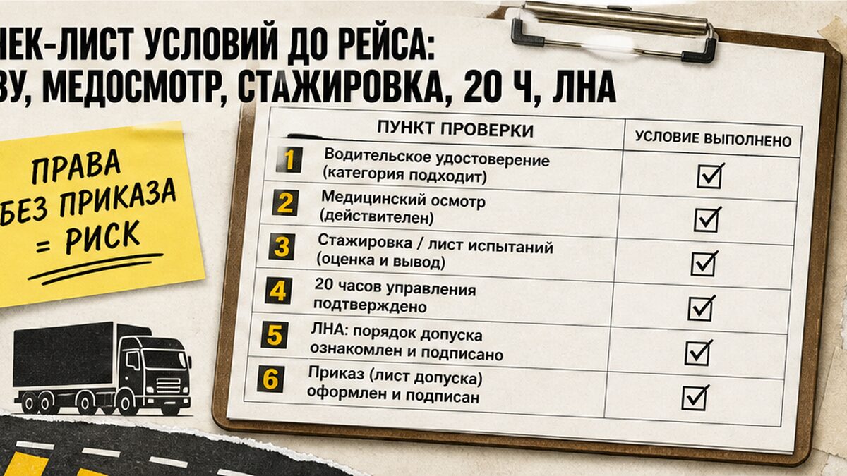 Чек-лист условий до рейса: ВУ, медосмотр, стажировка, 20 ч, ЛНА, приказ