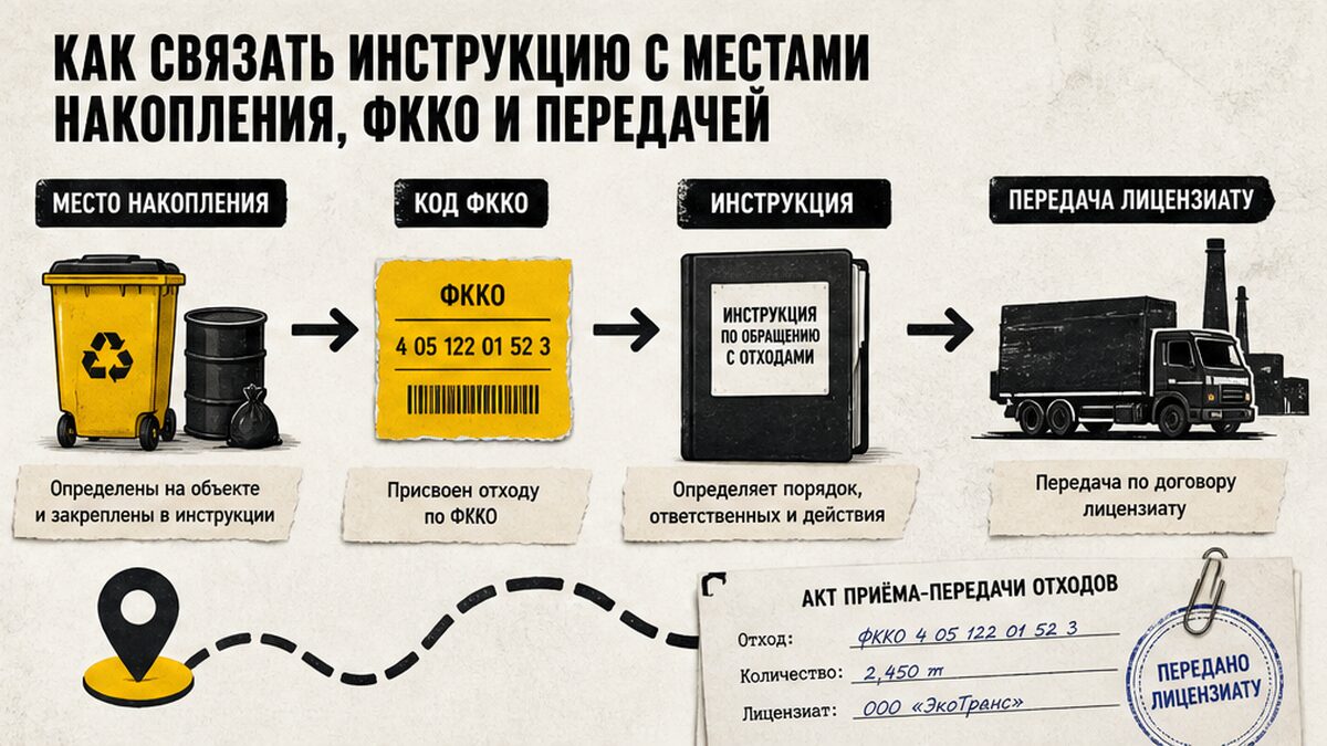 Схема связи инструкции с местами накопления, кодами ФККО и передачей отходов