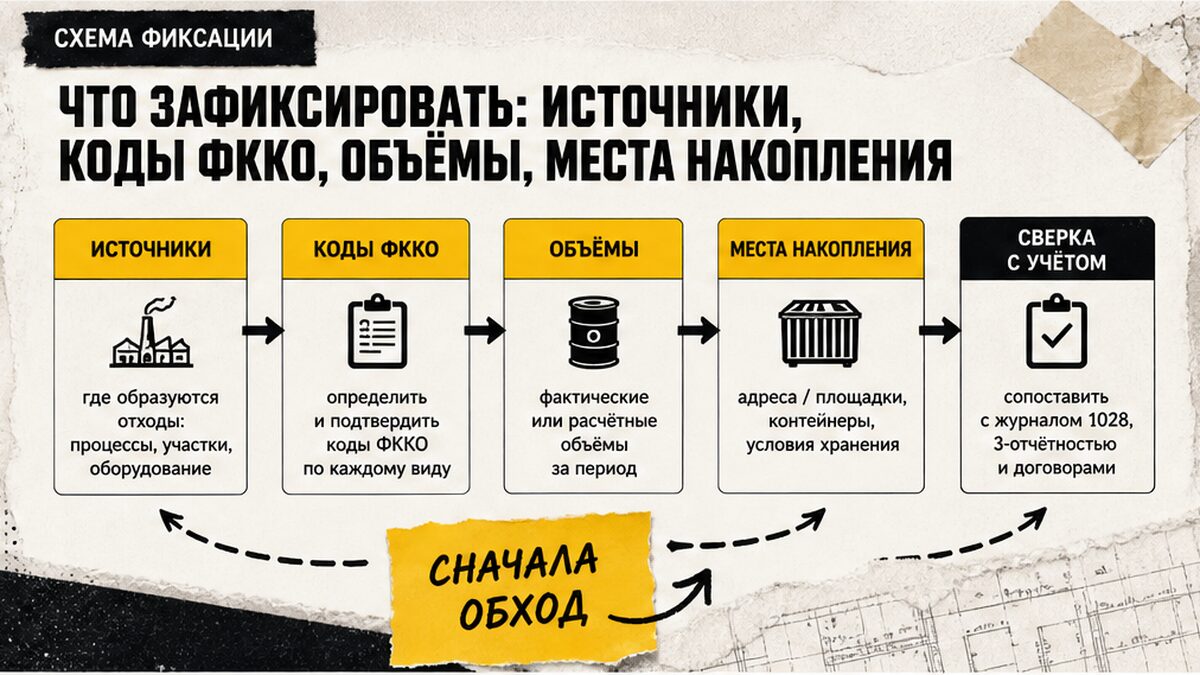 Схема: источники, коды ФККО, объёмы и места накопления для акта