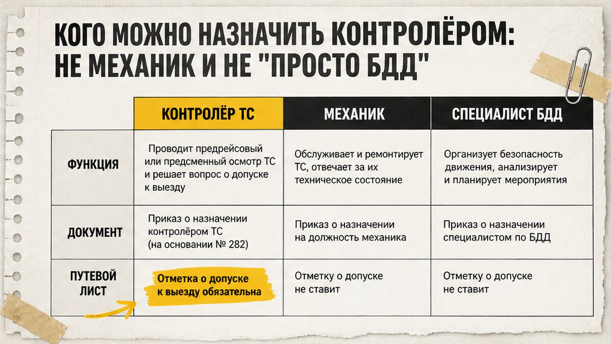 Таблица: контролёр ТС, механик и специалист по БДД — кого можно назначить