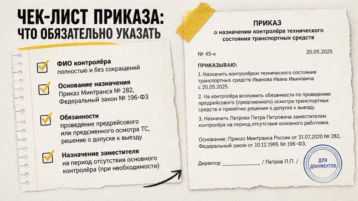 Чек-лист полей приказа о назначении контролёра технического состояния