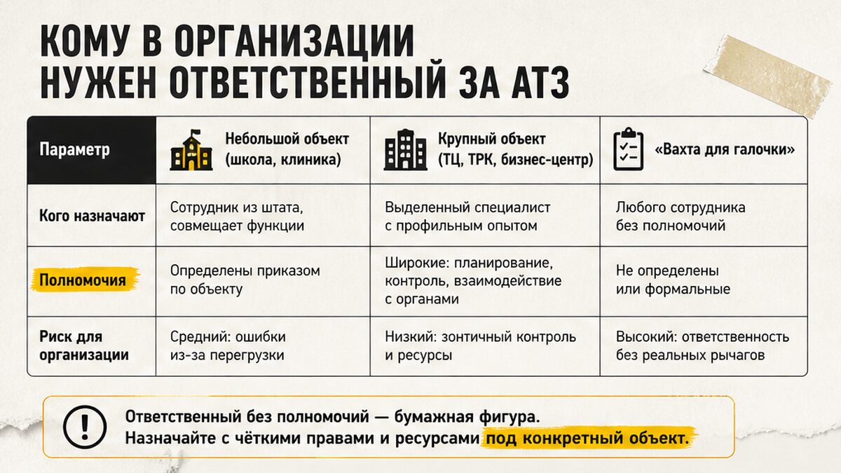 Таблица: кому нужен ответственный за АТЗ — объект, полномочия, риск формального назначения