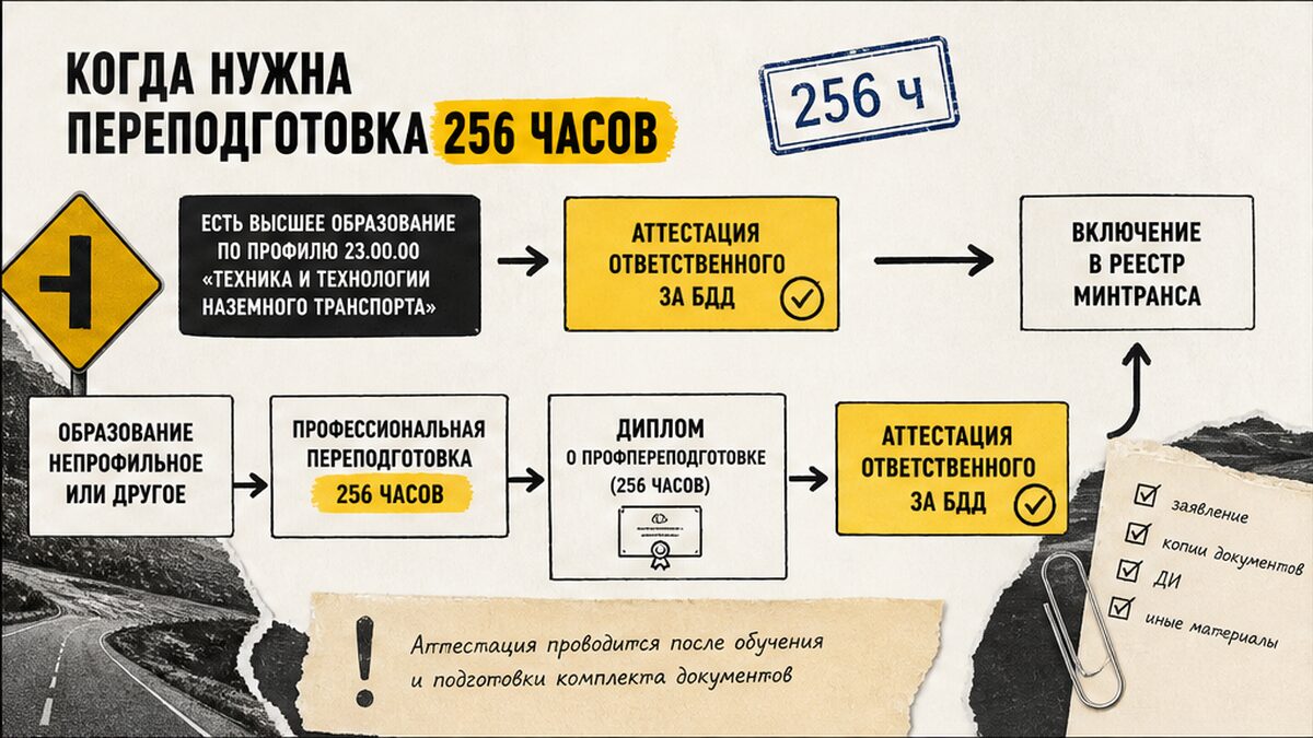 Схема: когда нужна переподготовка 256 часов для ответственного за БДД