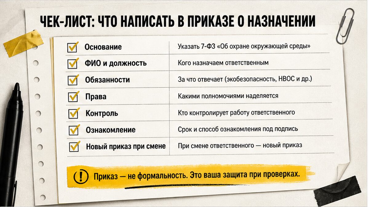 Чеклист полей приказа о назначении ответственного за экобезопасность