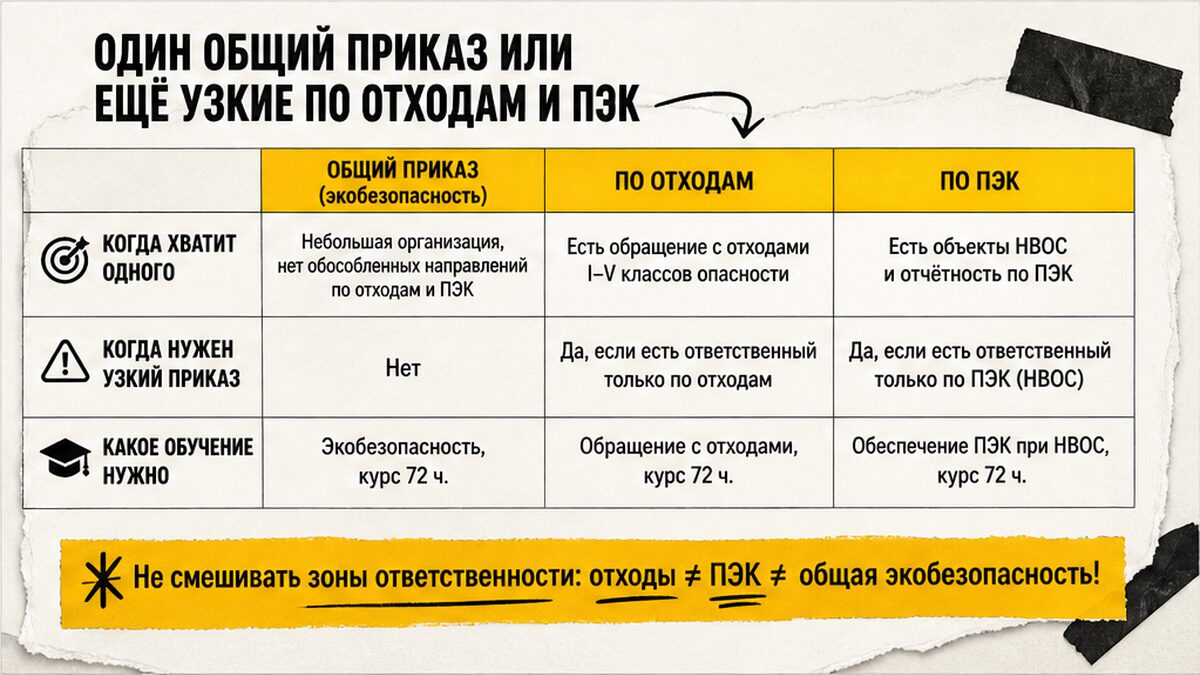 Таблица: общий приказ по экобезопасности или узкие по отходам и ПЭК