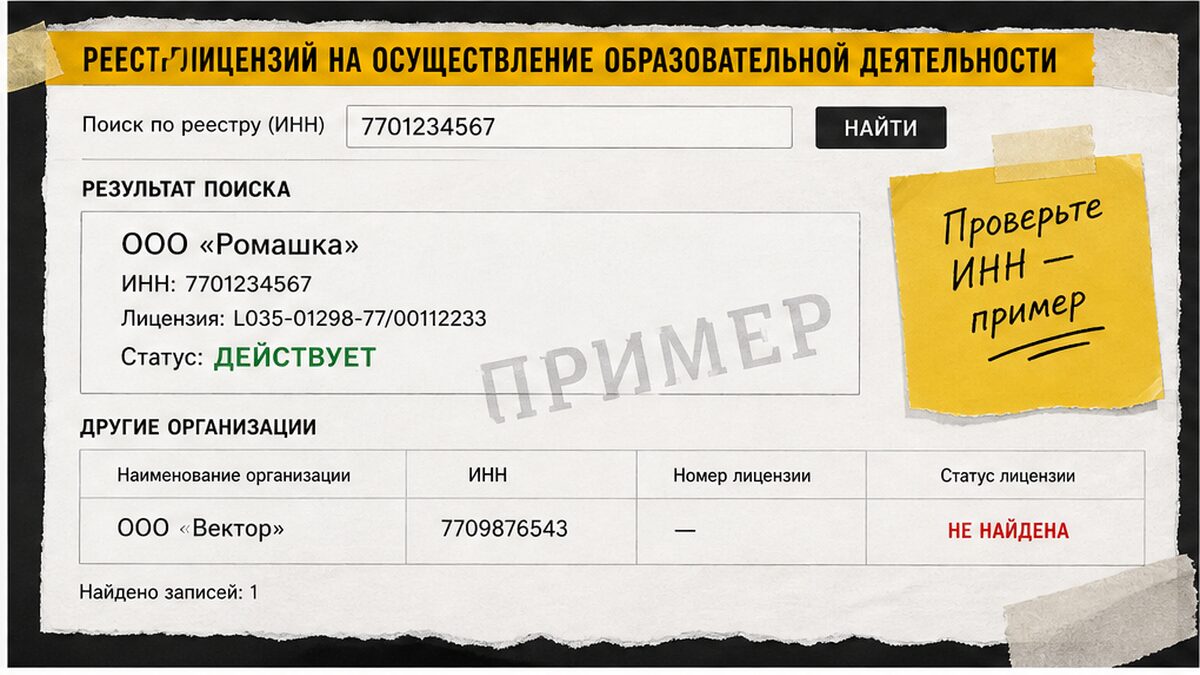 Скриншот интерфейса Сводного реестра Рособрнадзора: поиск лицензии ДПО по ИНН учебного центра