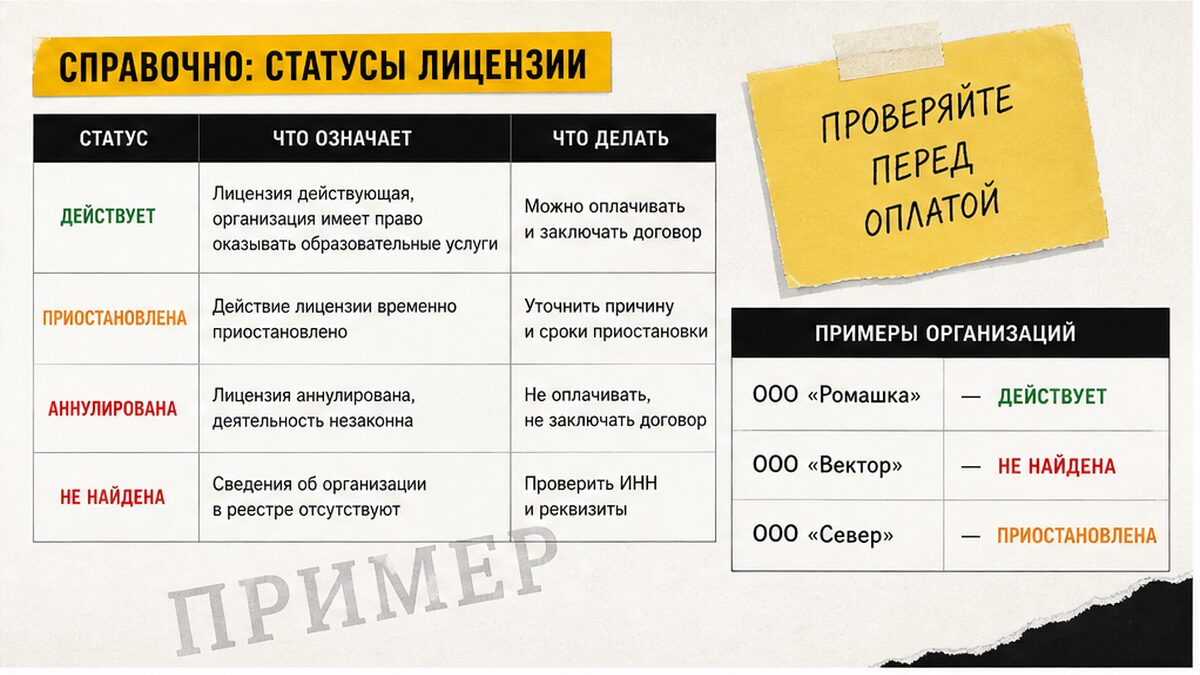 Таблица статусов лицензии ДПО в реестре: что означает «действует», «приостановлена» и «аннулирована»