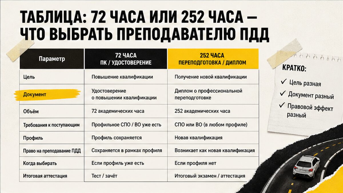 Таблица сравнения: 72 часа с удостоверением и 252 часа с дипломом для преподавателя ПДД
