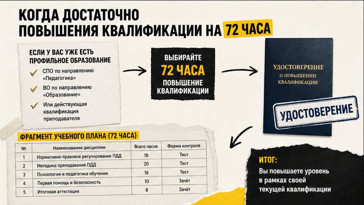 Схема: когда преподавателю ПДД достаточно повышения квалификации на 72 часа