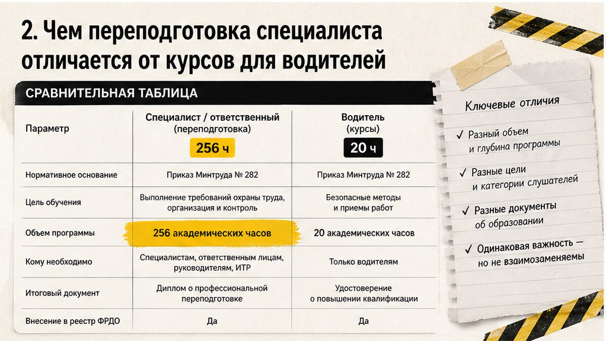 Таблица: кому нужны 256 часов переподготовки БДД и кому 20 часов для водителей