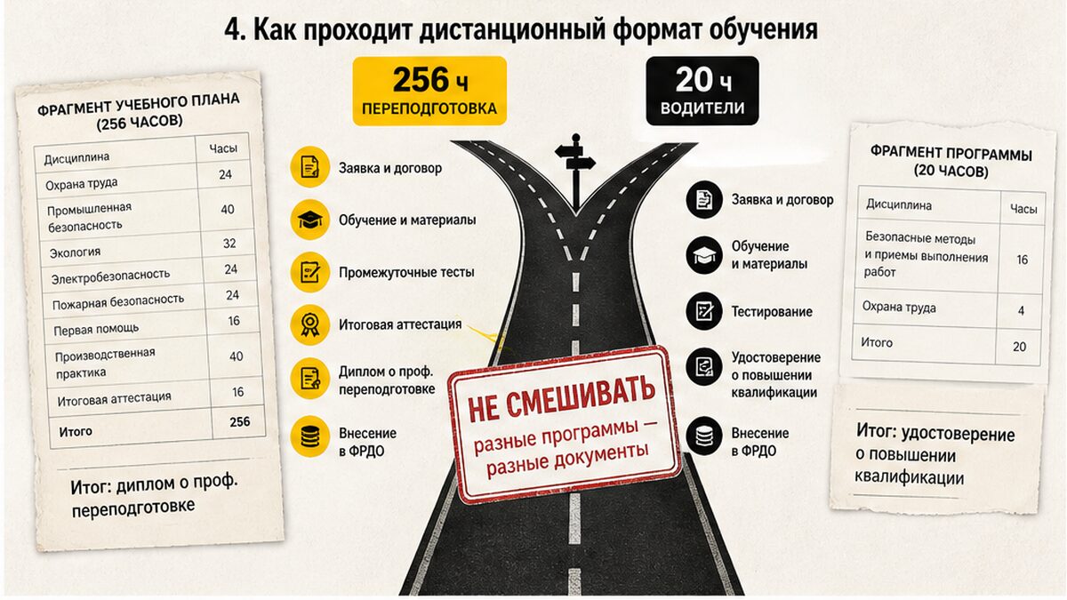 Схема различия программ 256 и 20 часов БДД для водителей и специалистов