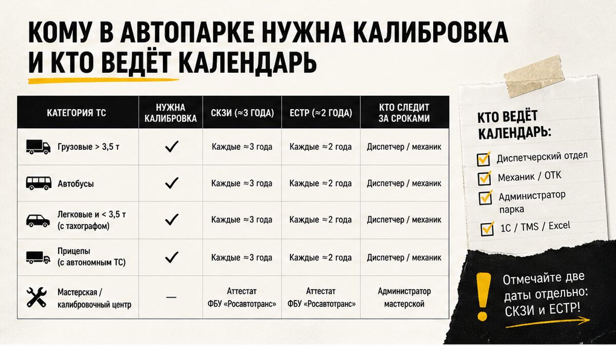 Таблица: кому в автопарке нужна калибровка тахографа и кто ведёт календарь