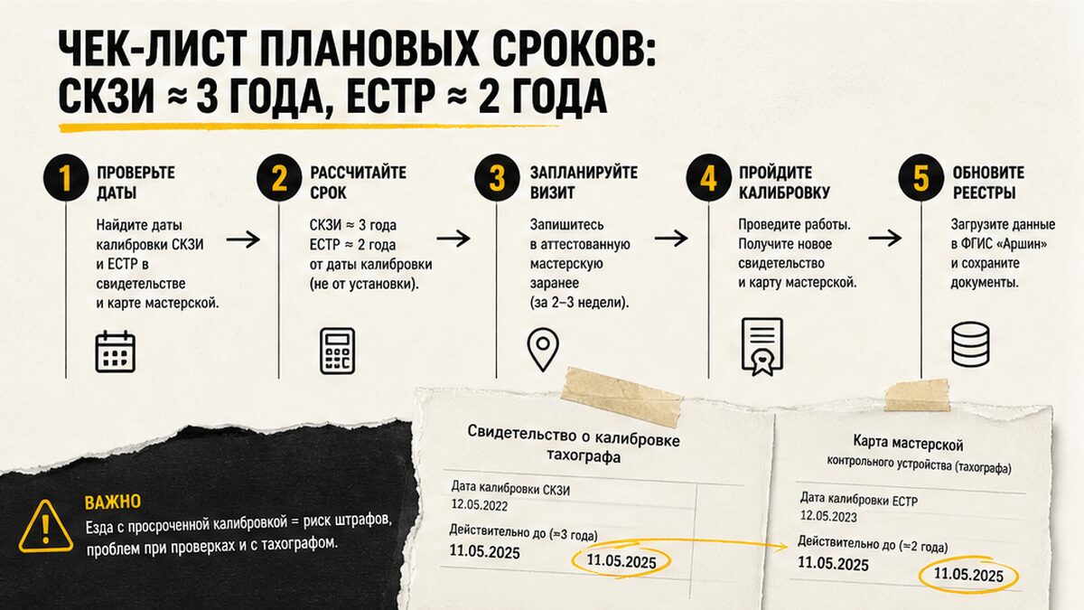 Чек-лист плановых сроков калибровки тахографа: СКЗИ ~3 года, ЕСТР ~2 года