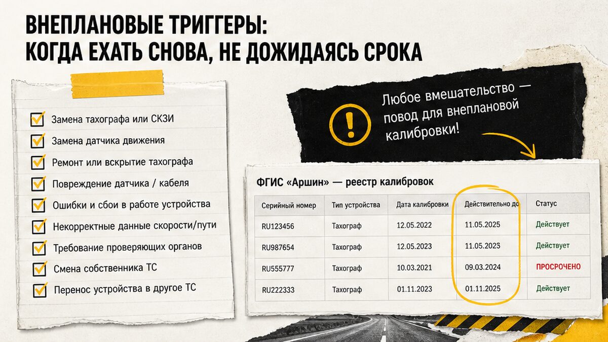 Схема внеплановых триггеров повторной калибровки тахографа до планового срока