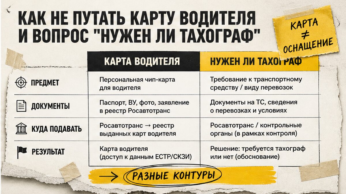 Таблица: карта водителя и вопрос «нужен ли тахограф» — два разных контура