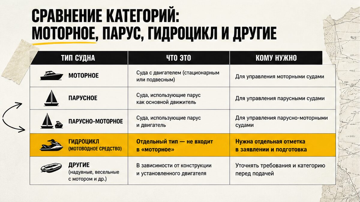 Сравнение категорий ГИМС: моторное, парус, гидроцикл и другие типы