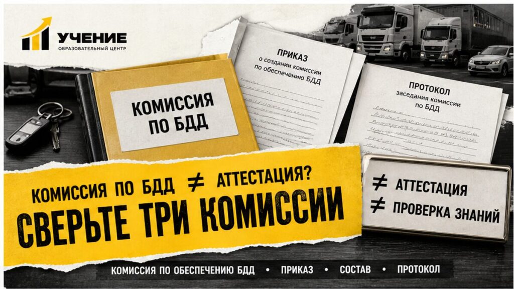 Обложка УЧЕНИЕ: стол совещаний автопарка с папкой «Комиссия по БДД», приказом и протоколом — не путать с аттестацией
