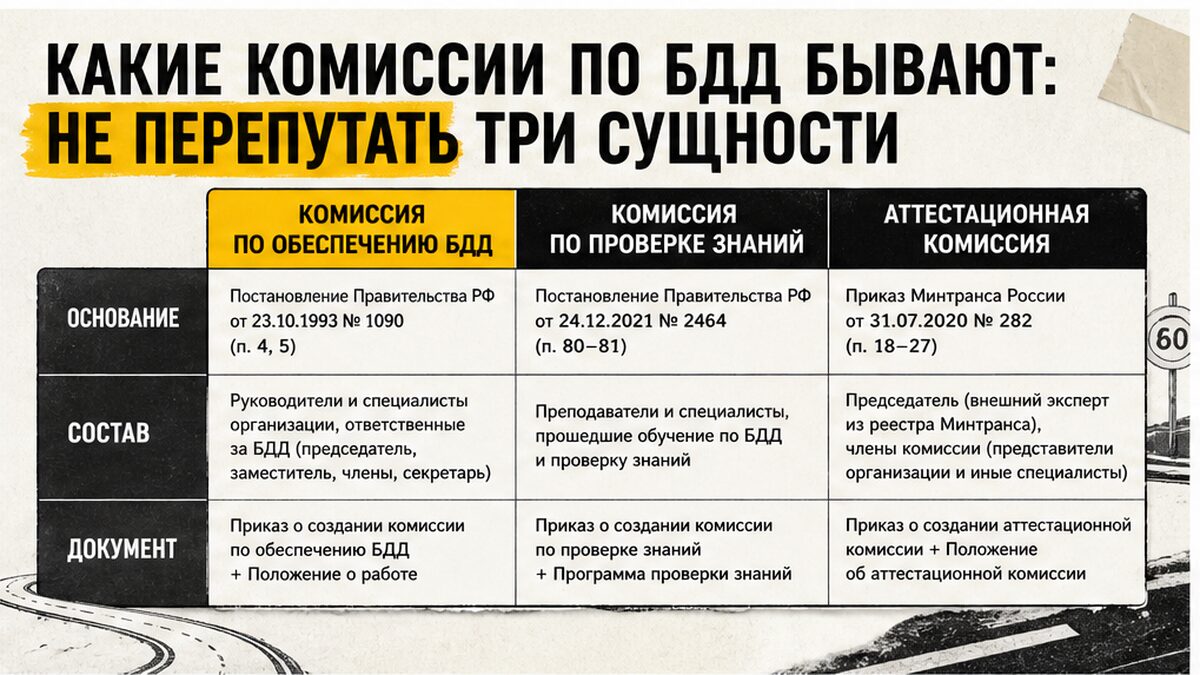 Таблица трёх комиссий по БДД: обеспечение, проверка знаний и аттестация — разные основания