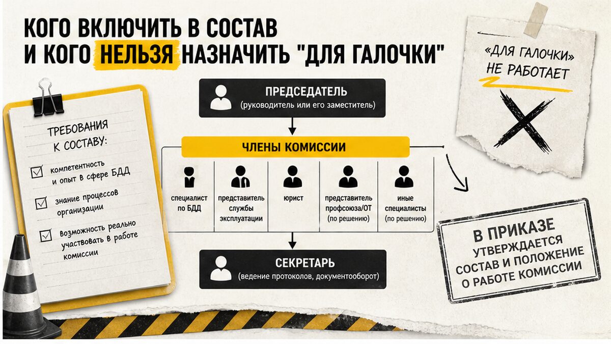 Схема состава комиссии по БДД: кого включить в приказ и кого нельзя назначить формально