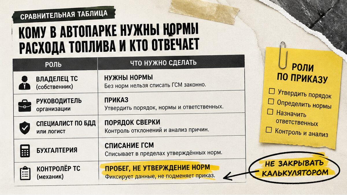 Таблица: кому в автопарке нужны нормы расхода топлива и кто отвечает