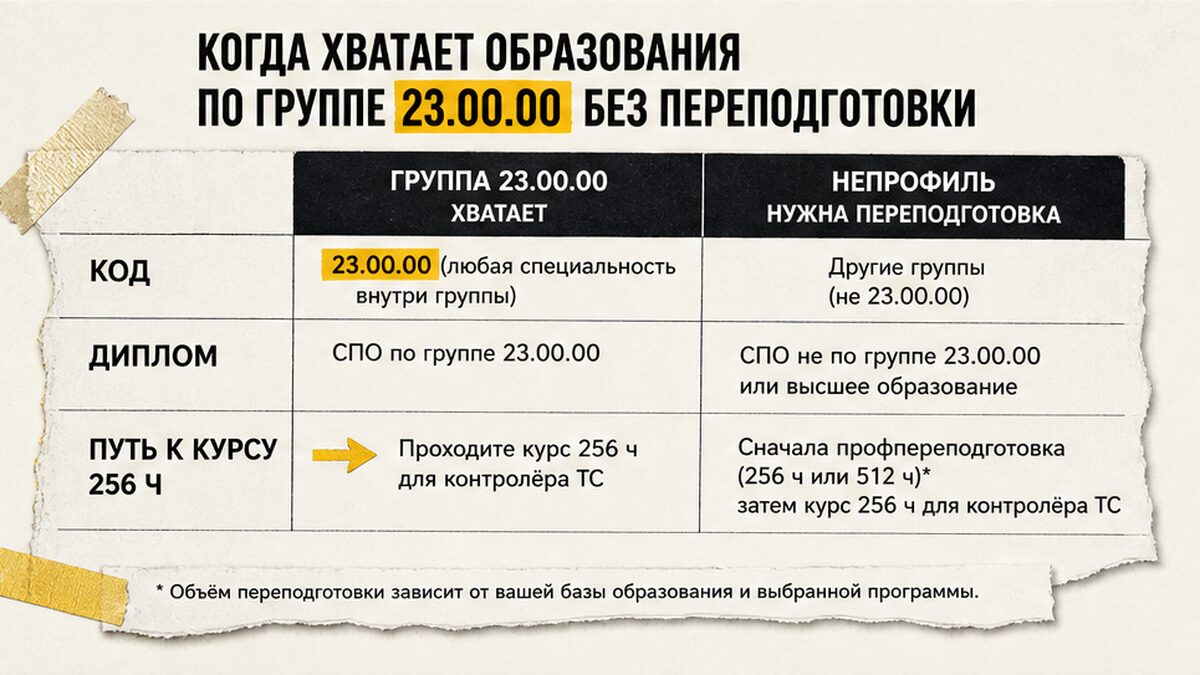 Таблица: когда хватает группы 23.00.00 без переподготовки контролёра ТС