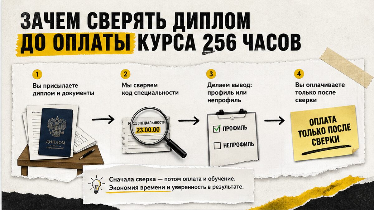Схема: зачем сверять диплом специалиста по БДД до оплаты курса 256 часов