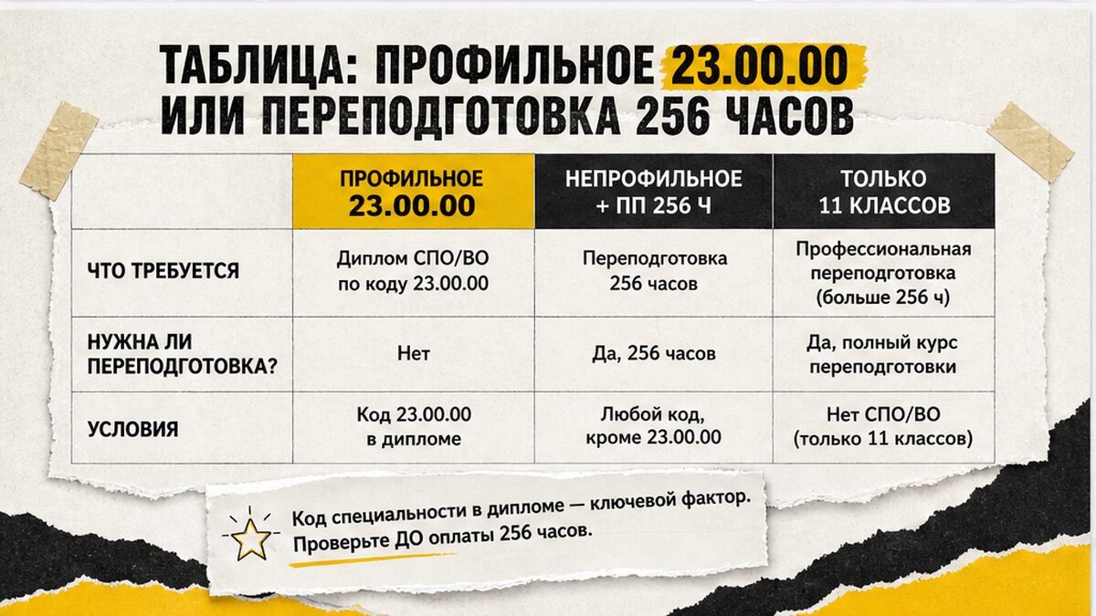 Таблица: профильное 23.00.00 или переподготовка 256 часов для специалиста по БДД