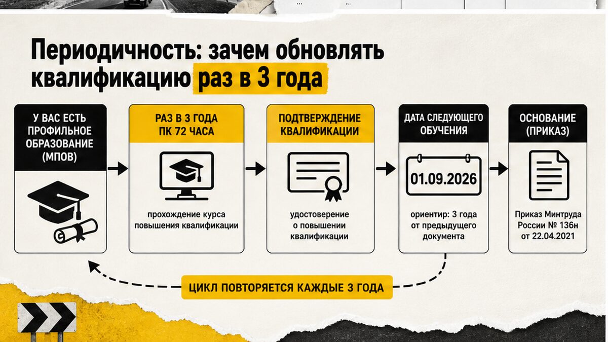 Схема: обновление квалификации инструктора раз в 3 года по ПК 72 часа