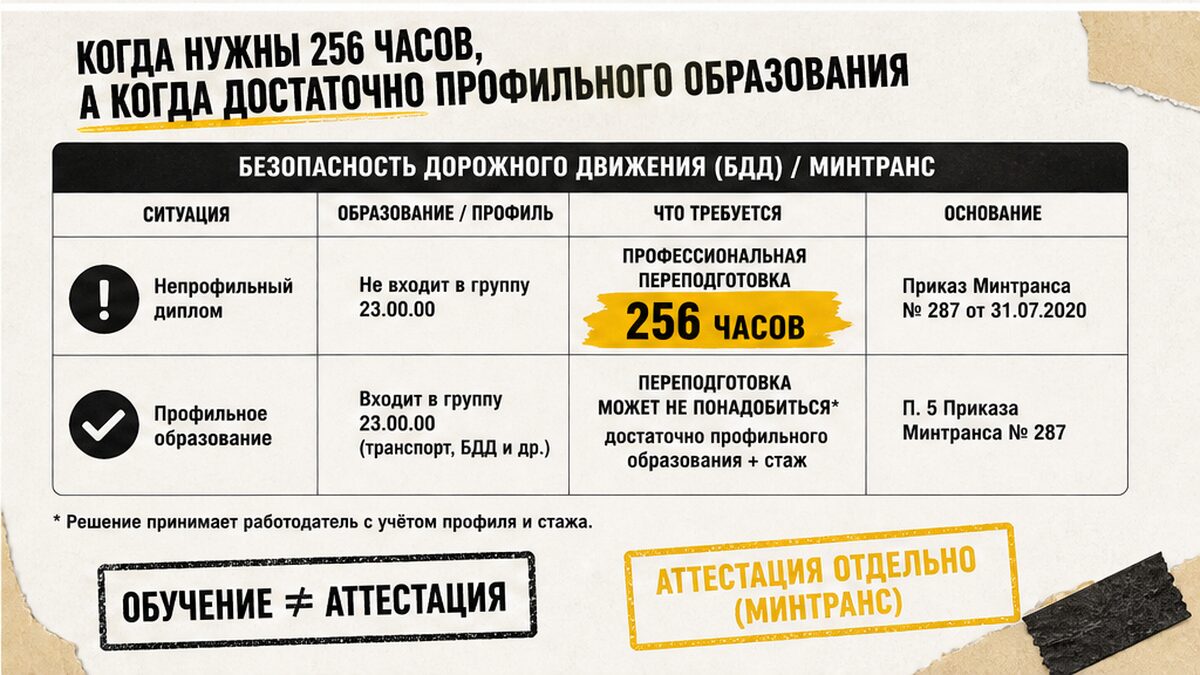 Таблица: когда нужны 256 часов переподготовки БДД и когда достаточно профильного образования