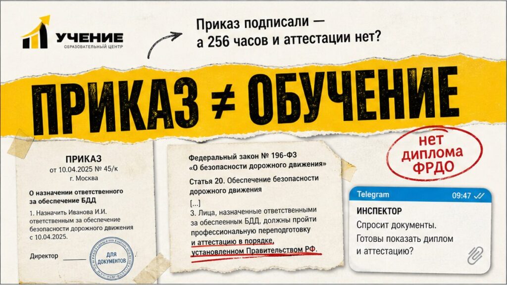 Обложка: приказ о назначении ответственного за БДД без переподготовки 256 часов — ошибка HR на предприятии, УЧЕНИЕ