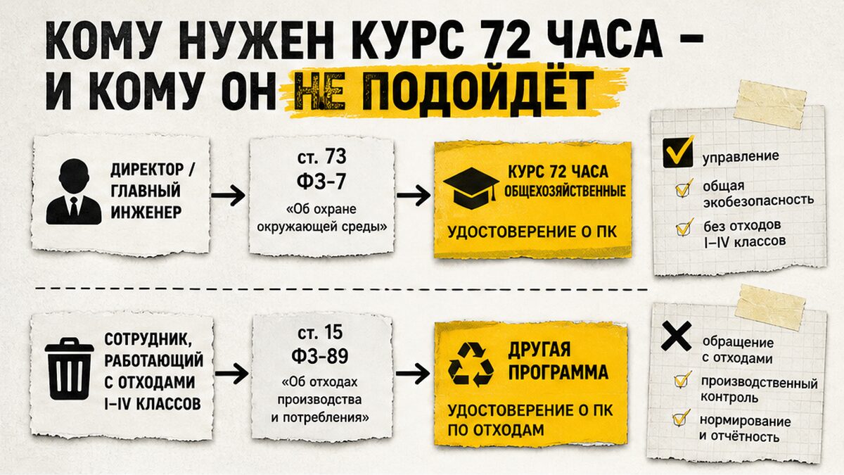 Схема: кому подходит курс 72 часа по экологической безопасности, а кому нужна линия отходов