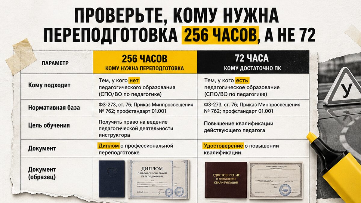 Таблица: кому нужна переподготовка инструктора 256 часов, а не повышение 72 часа