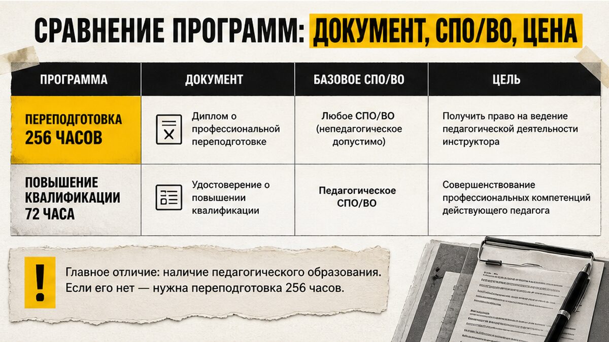 Сравнение программ инструктора: документ, СПО/ВО и цель обучения