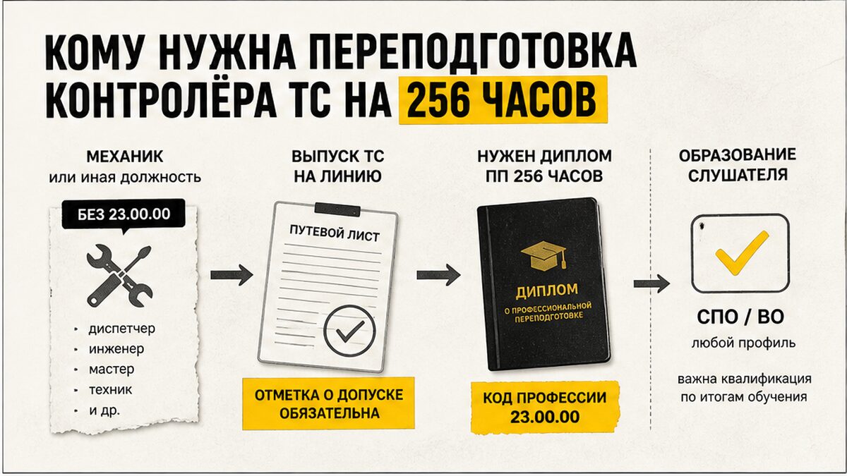 Инфографика: кому нужна переподготовка контролёра ТС на 256 часов