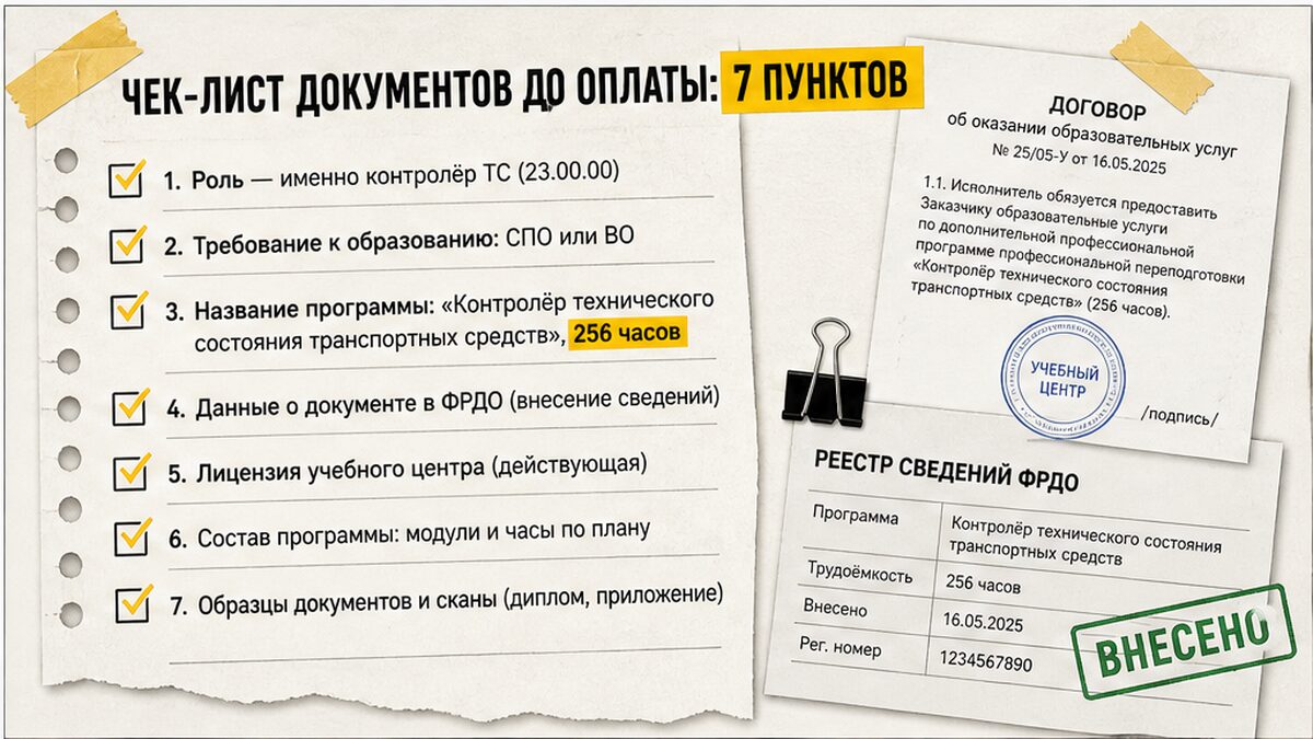 Чеклист из 7 пунктов: документы до оплаты переподготовки контролёра ТС