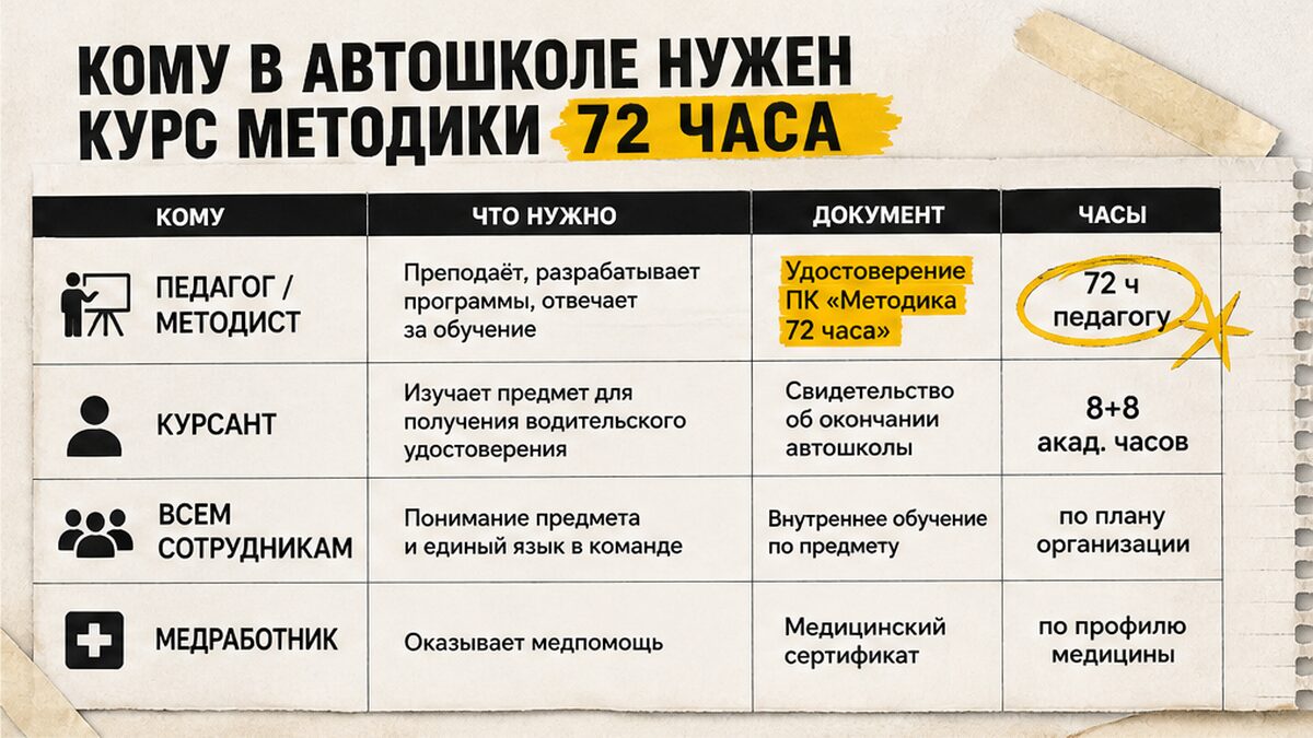 Таблица ролей: кому в автошколе нужен курс методики первой помощи 72 часа