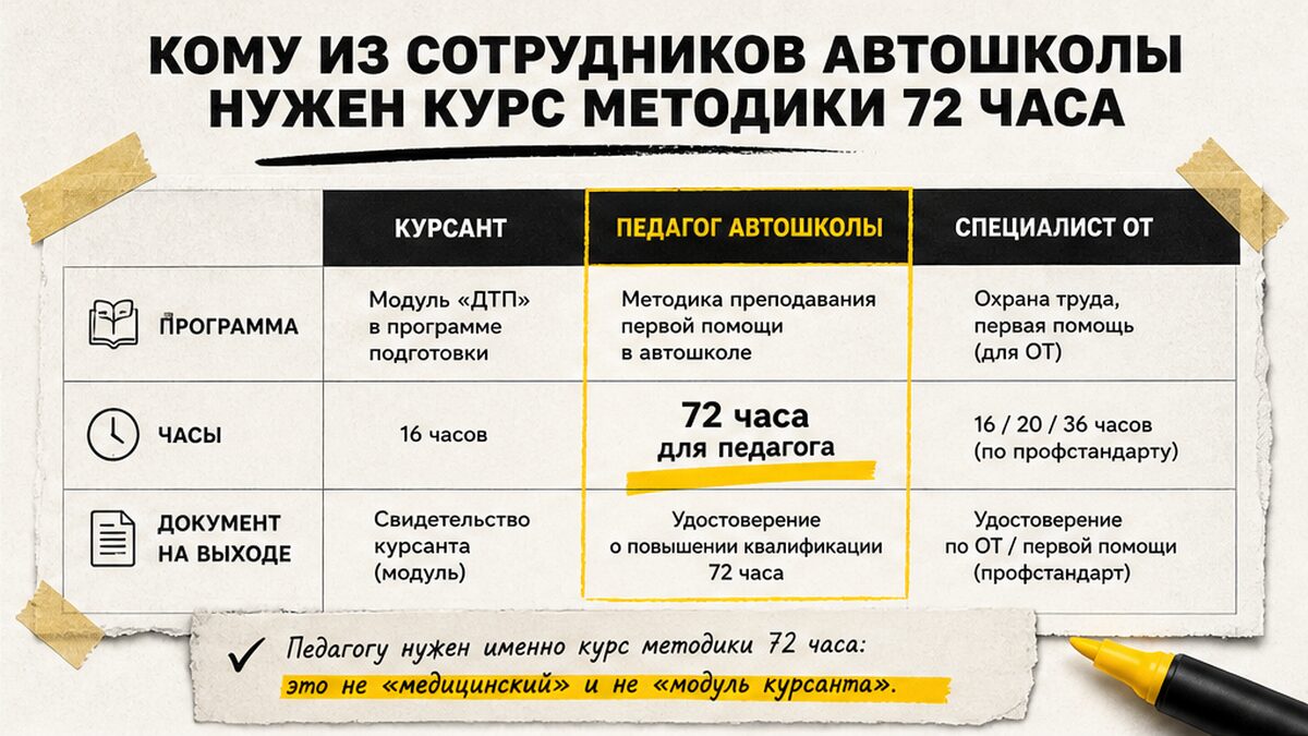 Таблица ролей автошколы: кому нужен курс методики первой помощи 72 часа