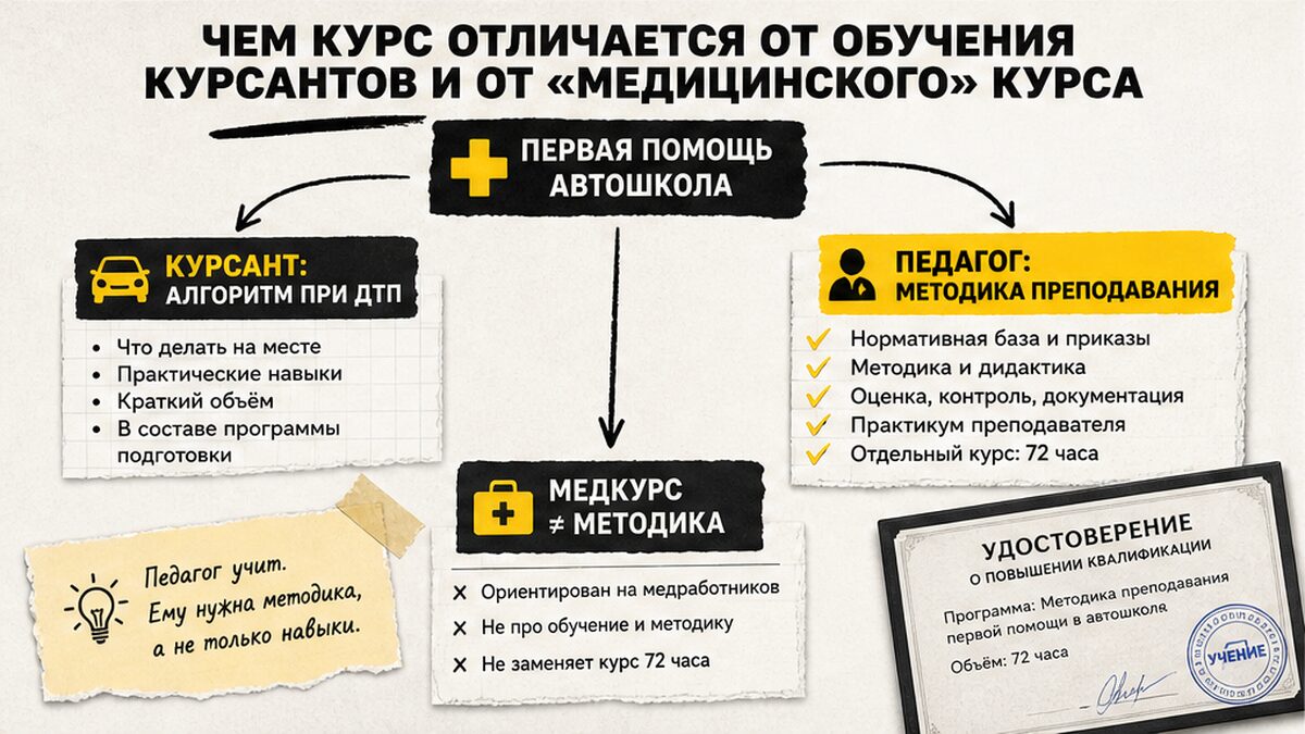 Схема: чем курс методики 72 часа отличается от обучения курсантов и медицинского курса