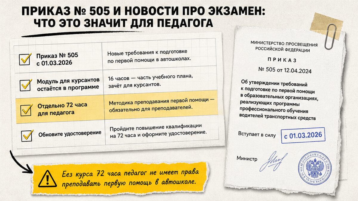 Чеклист для педагога: приказ № 505, экзамен и курс первой помощи 72 часа
