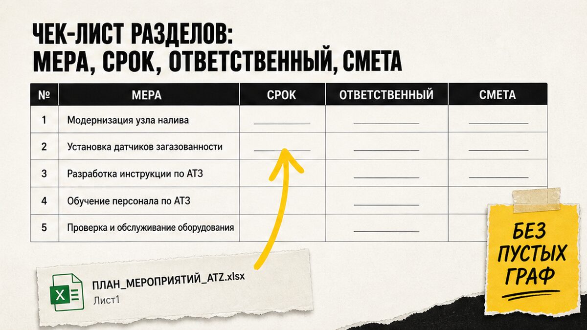 Чек-лист разделов плана АТЗ: мера, срок, ответственный, смета