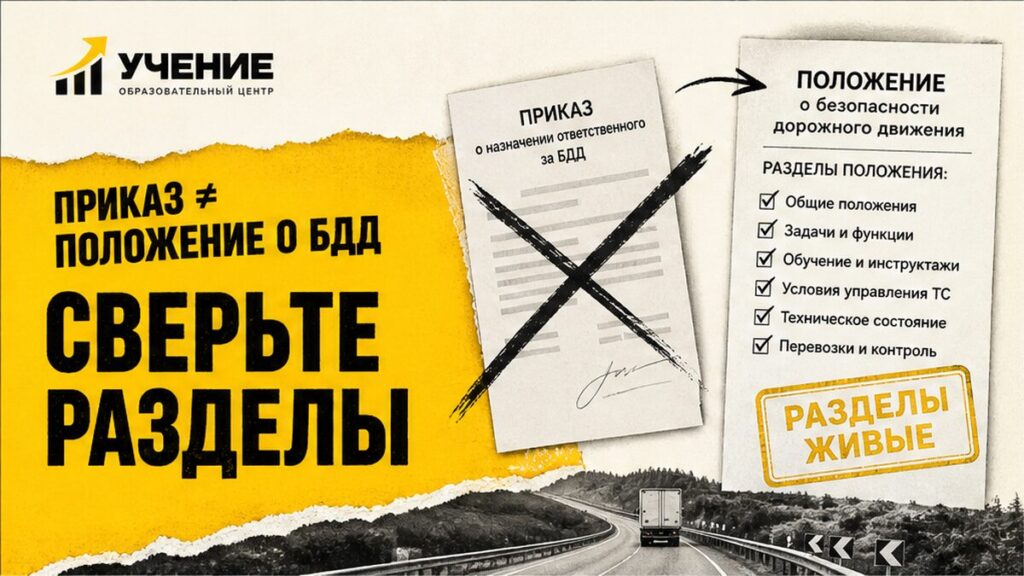 Обложка УЧЕНИЕ: положение о обеспечении БДД — чек-лист разделов ЛНА, не приказ о назначении