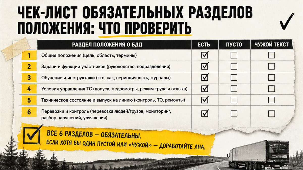 Чек-лист шести обязательных разделов положения о обеспечении безопасности дорожного движения
