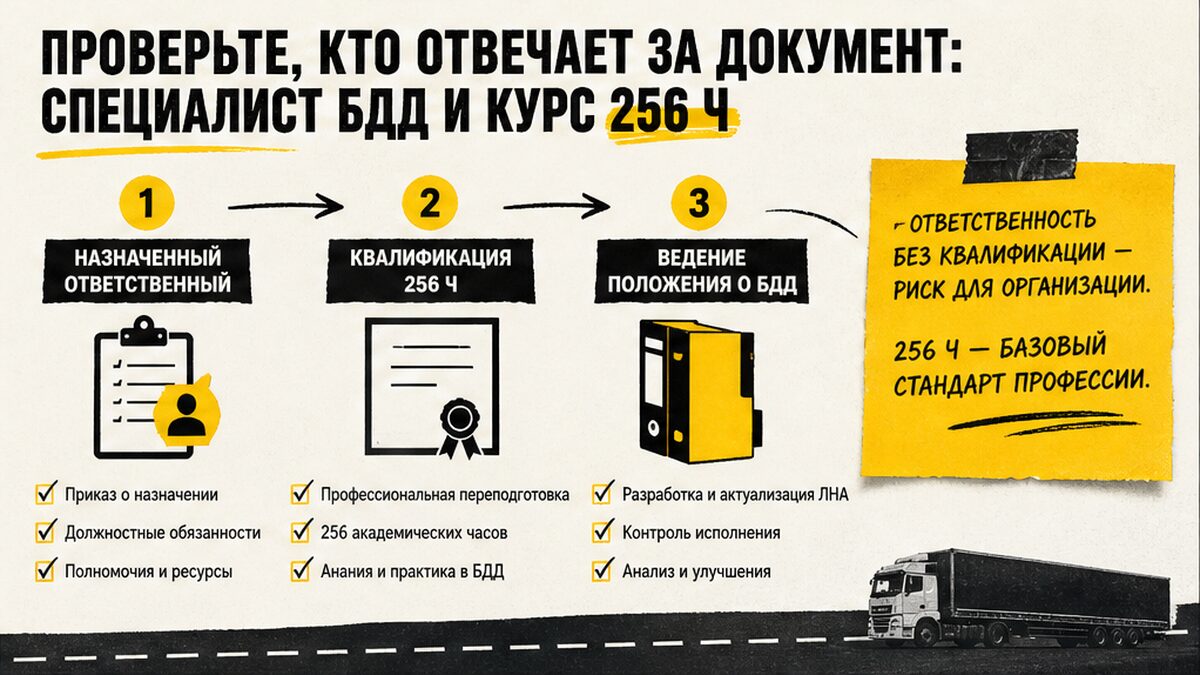 Схема: кто ведёт положение о БДД и зачем специалисту переподготовка 256 часов